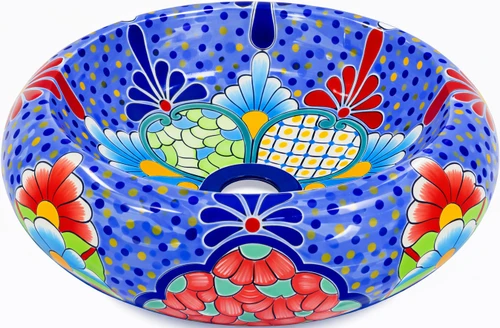 Blue dotted talavera vessel Mexican bathroom sink design