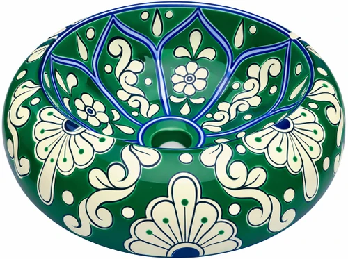 Green floral talavera vessel Mexican bathroom sink design