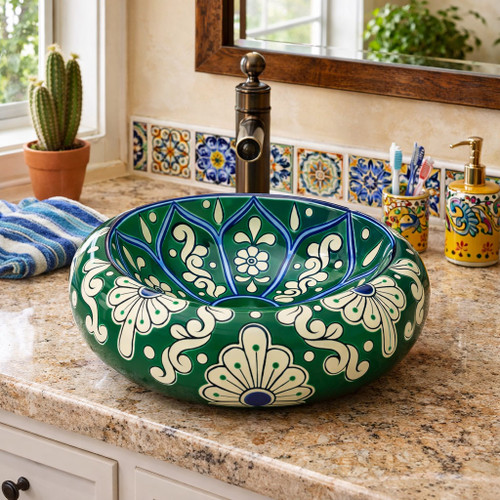 Green floral talavera vessel Mexican bathroom sink design in house bathroom with bright space and artisan style decor