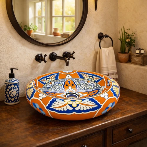 Orange blue talavera vessel Mexican bathroom sink design in house bathroom with bright space and artisan decor