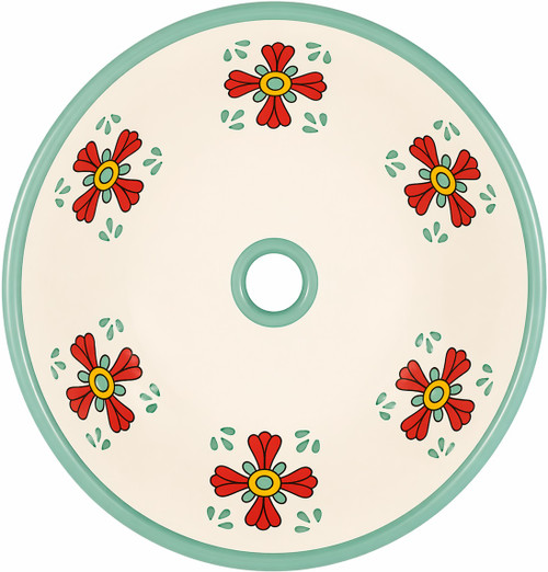 Talavera vessel sink round floral green rim bathroom drain view