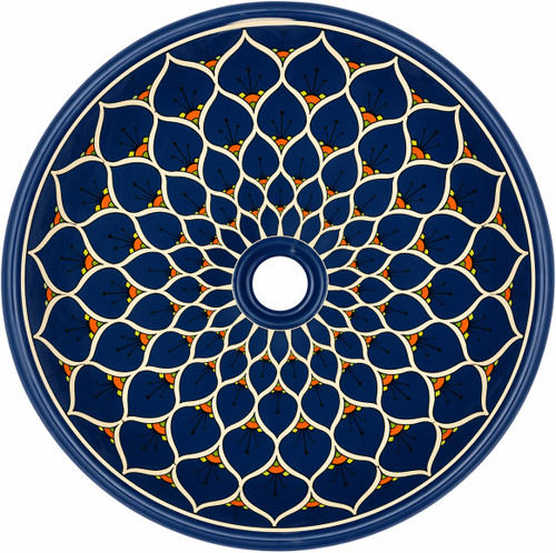 Talavera vessel sink round blue floral design drain view