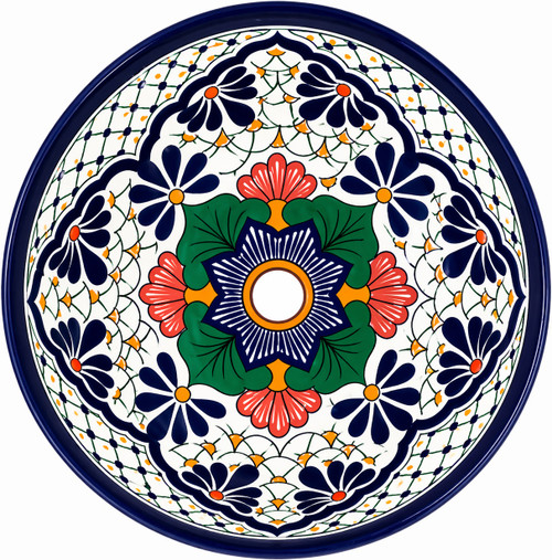 Talavera vessel sink round blue lattice floral design drain view