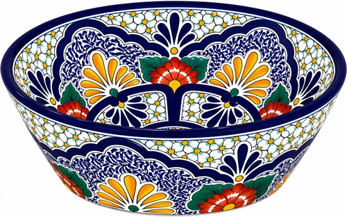 Mexican talavera round floral blue bath sink