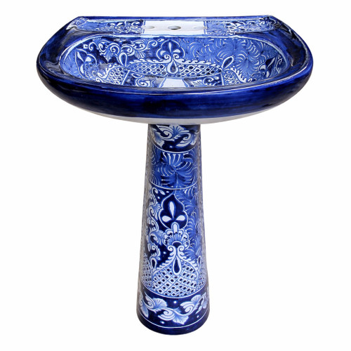 Blue and white talavera pedestal bathroom sink front view