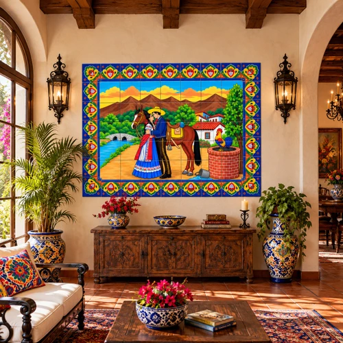 Mexican tile mural romantic couple displayed in a Spanish Revival interior with warm decor