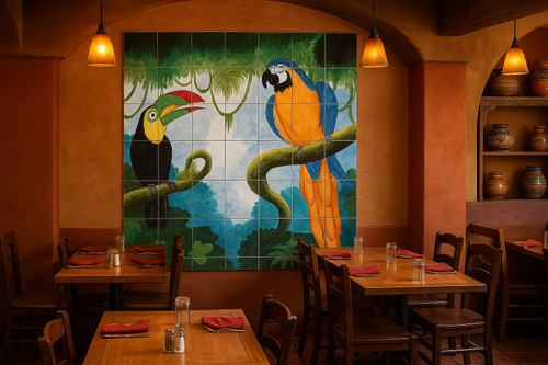 Toucan and macaw talavera tile mural decorating a lively restaurant interior with warm lighting and handcrafted Mexican décor