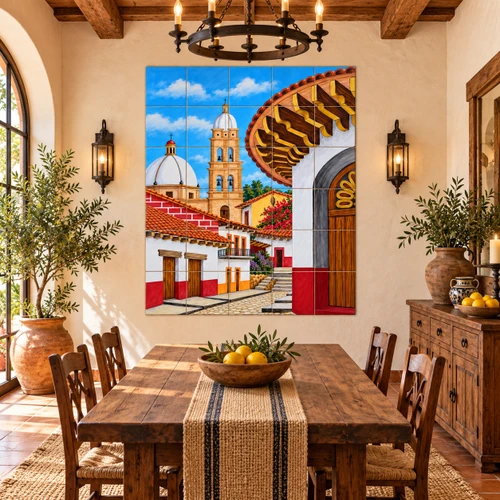 Talavera tile mural colonial church in a rustic dining room with wood furniture and pottery.