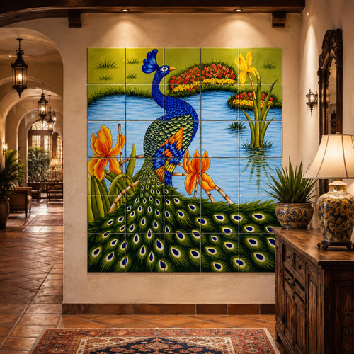 Talavera tile mural peacock garden in a boutique hotel with artisan decor and warm lighting.