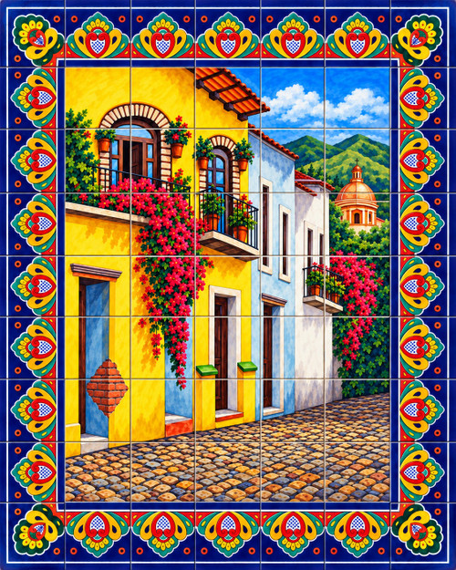 Talavera tile mural colonial street houses