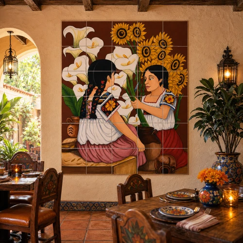 Talavera tile mural calla lilies sunflowers in a Mexican restaurant with rustic tables and pottery.