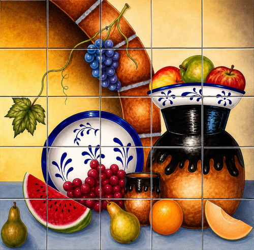 Talavera tile mural with fruit for rustic kitchen