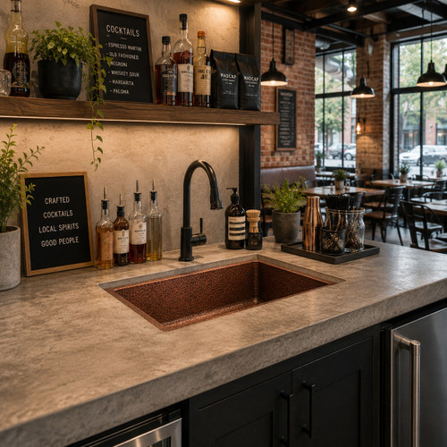 Hammered undermount copper coctail bar sink with rectangular basin in urban industrial cafe