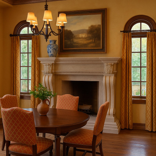 Spanish Colonial stone fireplace mantel in a Southeastern style dining room