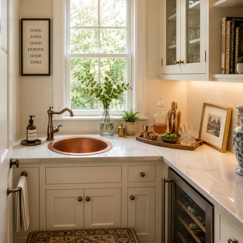 Round hammered copper bar sink in a butler pantry with bright walls, window, and brass faucet