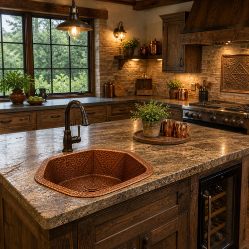 Hammered Copper Bar Sink Six-Sided Design set in a kitchen island with window view and natural light