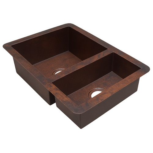 Double basin drop-in copper kitchen sink angled view