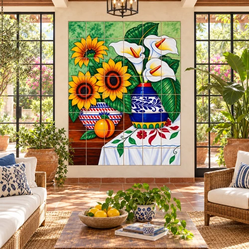 Mexican tile mural sunflowers calla lilies displayed in a garden room with lush greenery.