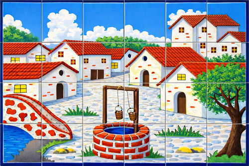 Mexican talavera tile mural village well scene