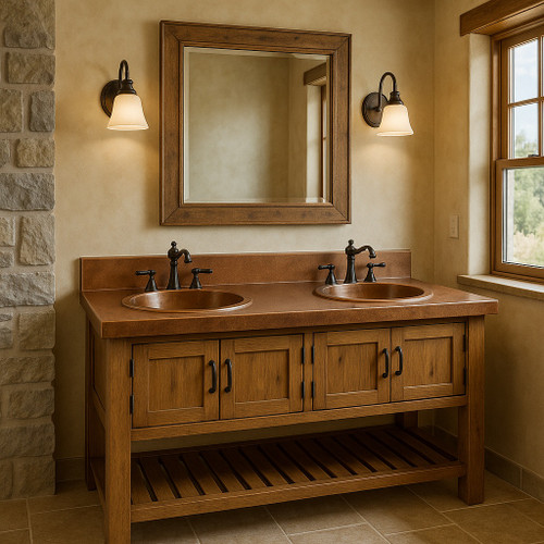 Copper counter with two bathroom sinks in a large modern rustic bath with stone and wood cabinetry.