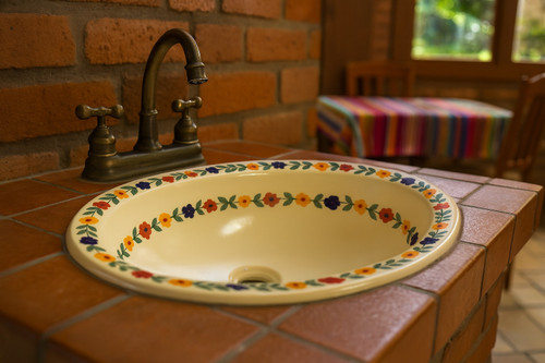 Colorful floral mexican bathroom sink creating a cheerful handcrafted focal point inside a boutique restaurant setting