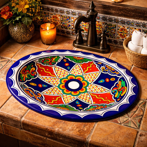 Talavera starburst geometric bathroom sink used in a restaurant restroom highlighting bold Mexican ceramic design