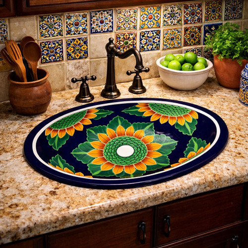 Mexican talavera sunflower sink installed in a kitchen space featuring artisan surfaces and traditional ceramic accents
