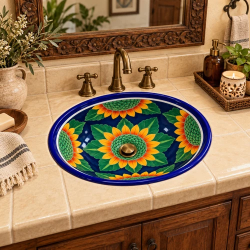Talavera sunflower sink - Mexican folk art in a rustic hacienda vanity with warm tile