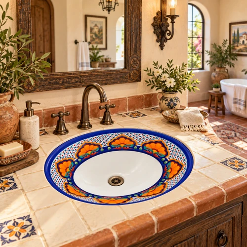 Oval Mexican floral lattice with white bottom bathroom sink in a Spanish hacienda bath