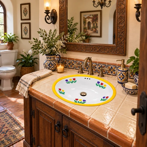 Mexican oval bathroom sink yellow tulip design in colonial powder room with carved wood