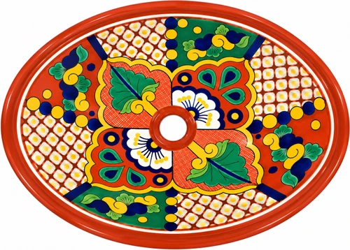 Oval talavera bathroom sink terracotta floral lattice motif