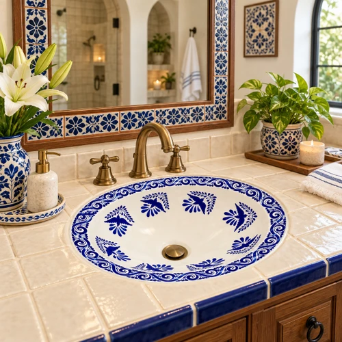 Oval Mexican bathroom sink cobalt bird design in an artisan tile bath with cobalt details