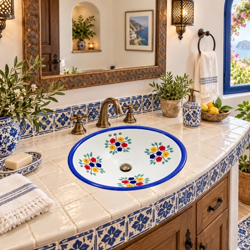 Oval talavera colorful floral Mexican bathroom sink in a Mediterranean bath with cream tile
