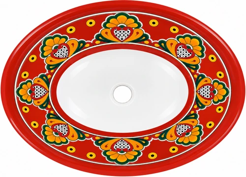 Oval talavera bathroom sink red floral folk border