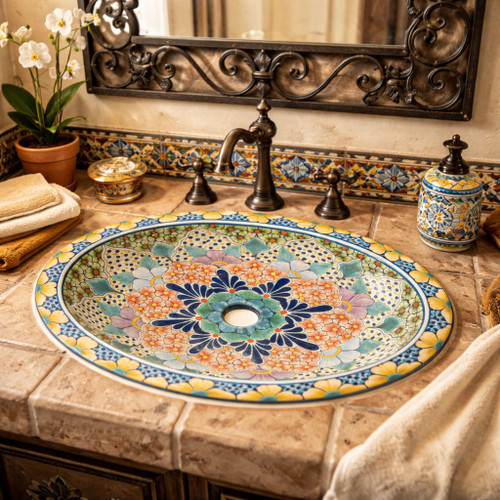 Oval talavera rosette floral mexican bathroom sink in Spanish Revival bathroom with iron mirror and tile wall