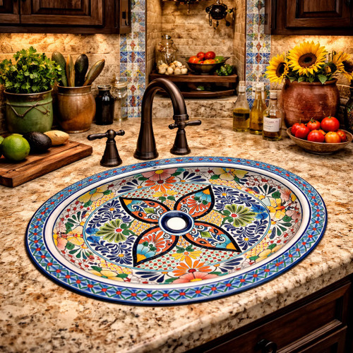 Mexican oval talavera floral medallion bathroom sink installed in rustic hacienda kitchen with wood beam ceiling and tile backsplash