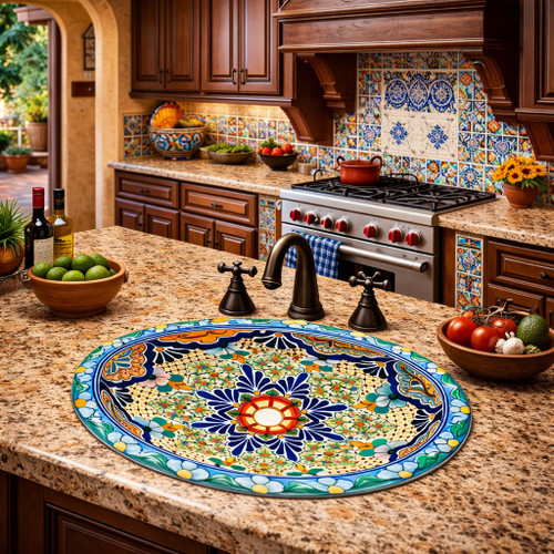 Oval mexican talavera floral starburst bathroom sink installed in a hacienda kitchen with rustic wood cabinetry and stone countertop