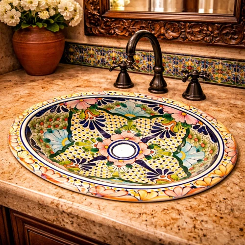 Oval mexican bathroom sink pastel floral design in a Spanish Revival bathroom with stucco wall and wrought iron accents