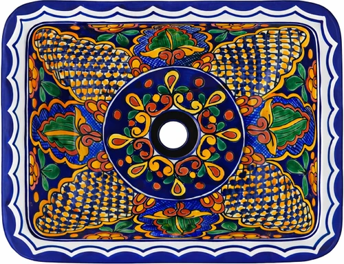Hand painted rectangular talavera bathroom sink blue floral