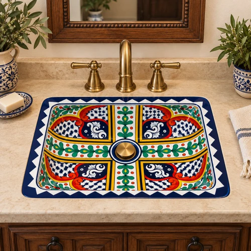 Rectangular talavera bathroom sink cross floral hand painted placed in Mediterranean vanity with natural light