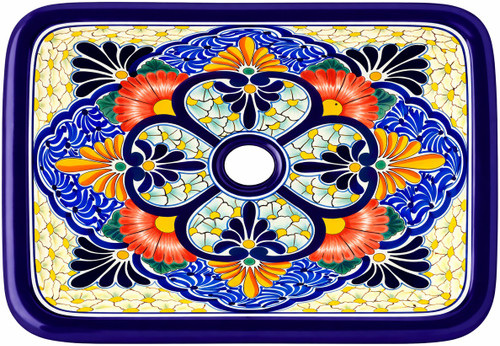 Rectangular talavera bathroom sink floral quatrefoil pattern