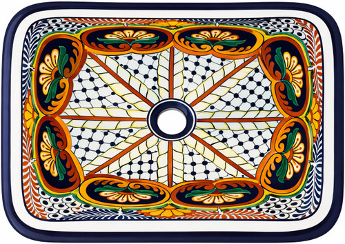 Rectangular talavera bathroom sink geometric starburst pattern