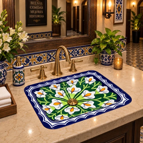 Rectangular talavera bathroom sink white calla lily design in restaurant interior with warm decor