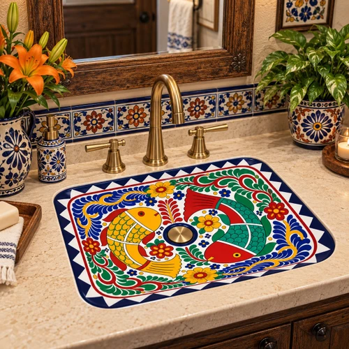 Rectangular talavera bathroom sink colorful fish design Mexico in bathroom vanity with stone countertop