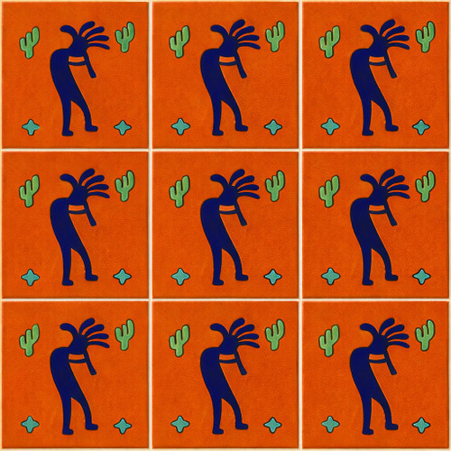 Kokopelli cobalt terracotta mexican tile nine tile set showing clean pattern repetition