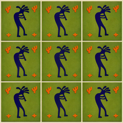 Kokopelli green cobalt mexican tile nine tile set with aligned pattern and clear grout lines