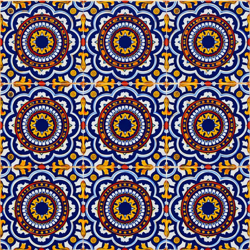 Cobalt sunburst talavera tile showing a nine tile set with continuous medallion design