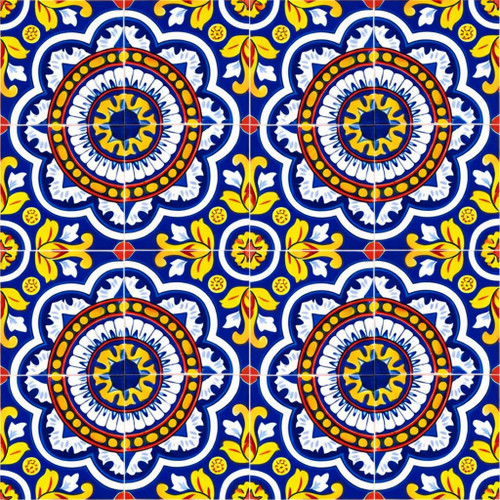 Cobalt medallion talavera tile nine tile set with solid cobalt blue and medallion pattern
