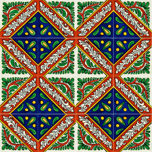 Diagonal acanthus talavera tile shown as a nine tile set with continuous diagonal pattern