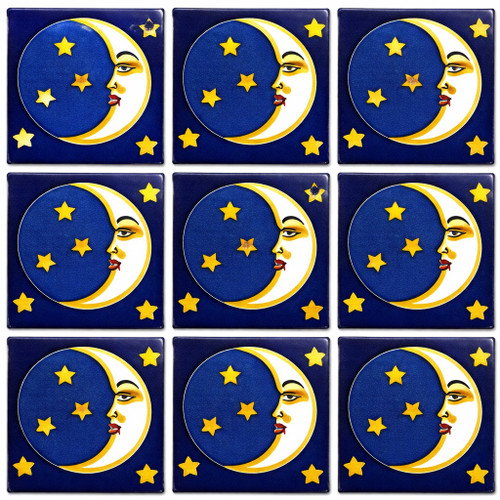 Talavera crescent moon tile nine tile set showing solid blue yellow and white colors